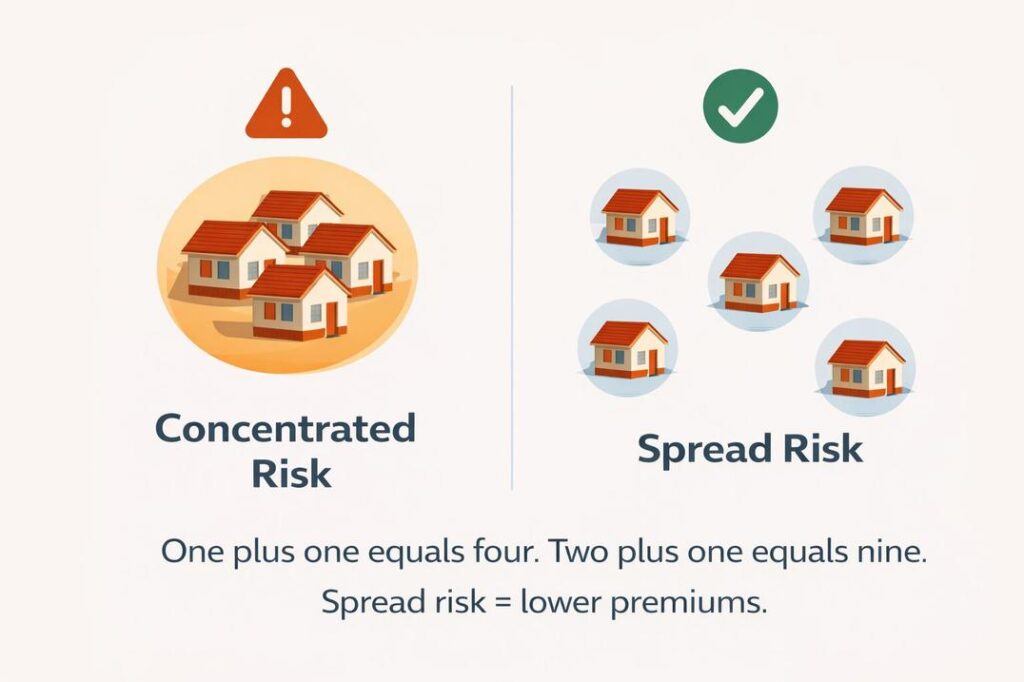 Comparison chart showing how concentrated insurance risk drives up costs versus spread risk, lowering premiums across California