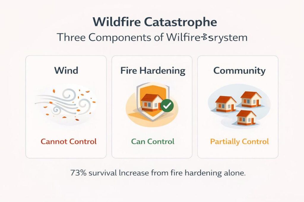 Diagram showing three components of wildfire catastrophe, wind fire hardening, and community with control levels labeled for each