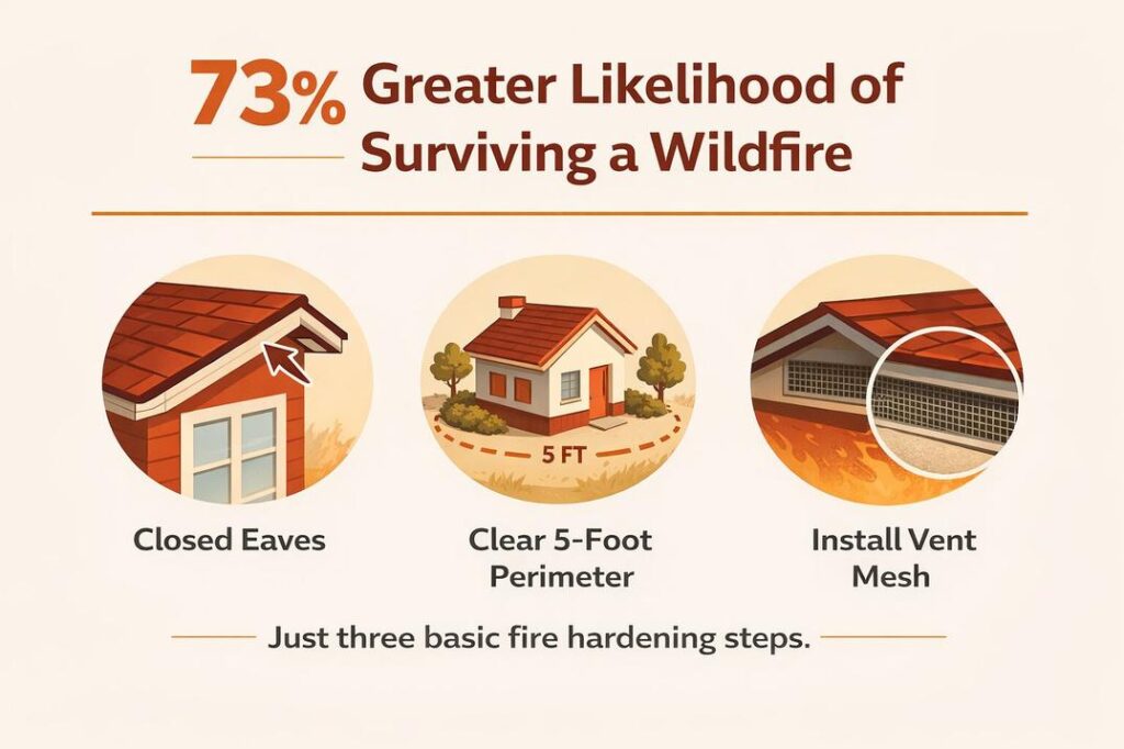 Infographic outlining three fire hardening steps that enhance wildfire survival by 73% closing eaves, clearing five feet, and installing vent mesh.