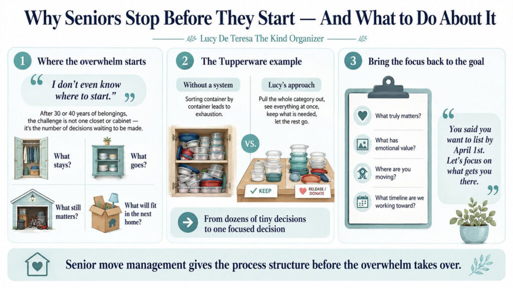 Lucy De Teresa The Kind Organizer infographic explaining why seniors feel overwhelmed before downsizing, Lucy De Teresa The Kind Organizer infographic explaining why seniors feel overwhelmed before downsizing,
