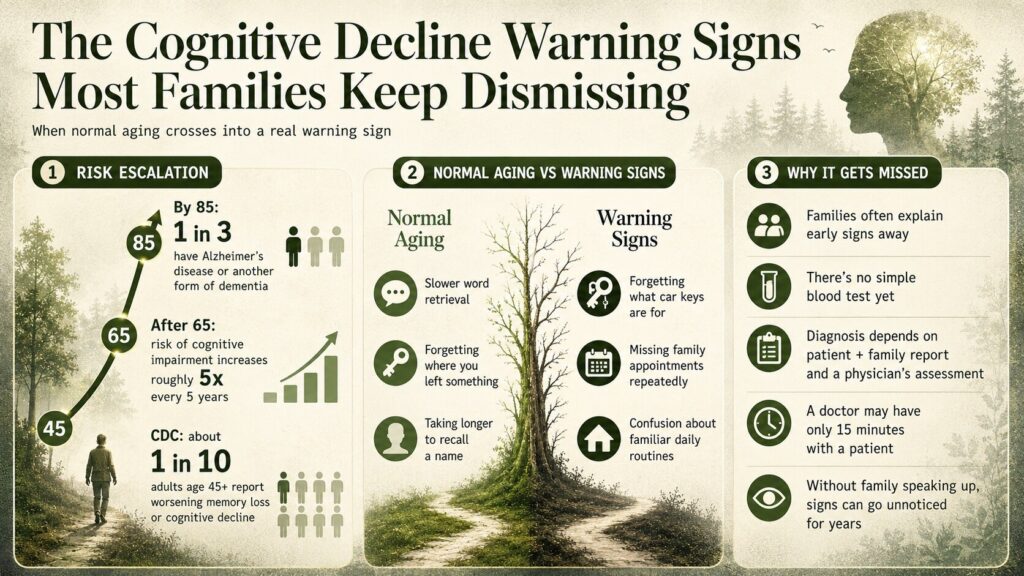 Carolyn Rosenblatt of AgingParents.com cognitive decline warning signs infographic showing risk escalation, normal aging signs, and warning signs families may miss.