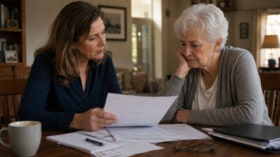 Carolyn Rosenblatt of AgingParents.com family care planning concept showing an adult daughter reviewing important documents with her aging mother at a dining table.