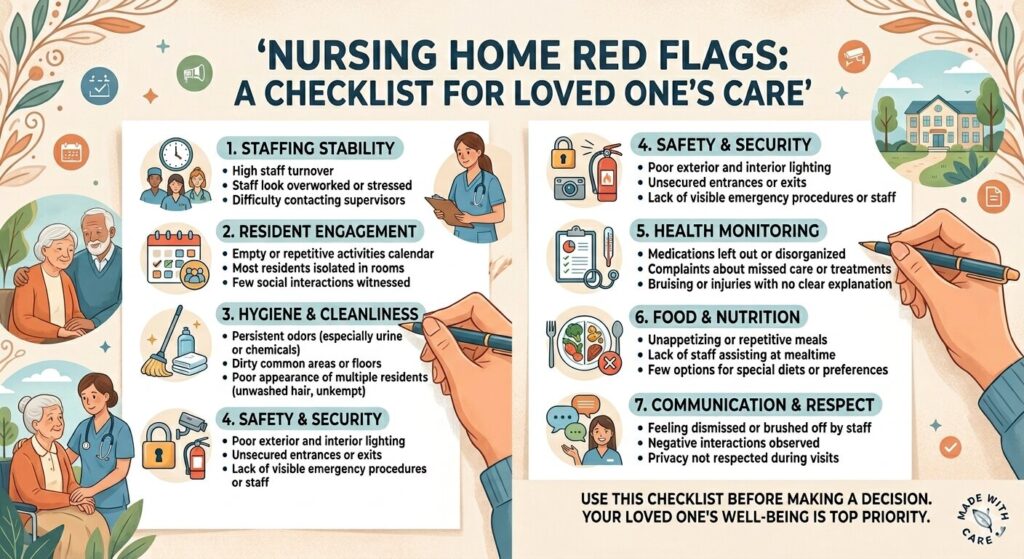 Checklist infographic of red flags to watch for before placing a loved one in a care facility