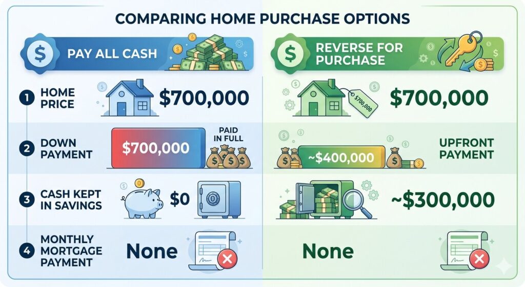 Comparison chart of paying all cash versus using the reverse for purchase program on the same home