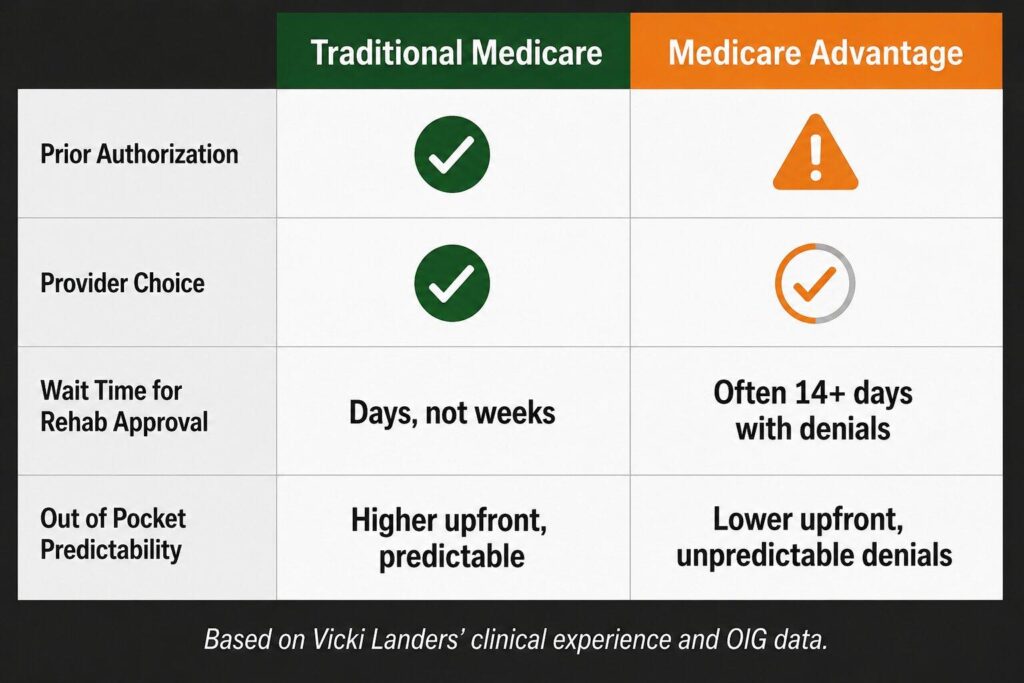Comparison chart showing Traditional Medicare versus Medicare Advantage on prior authorization, provider choice, wait times, and out of pocket costs