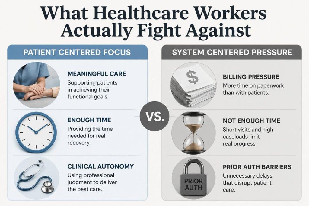 Comparison chart showing patient centered care focused on functional recovery versus system centered pressure focused on billing and prior authorization.
