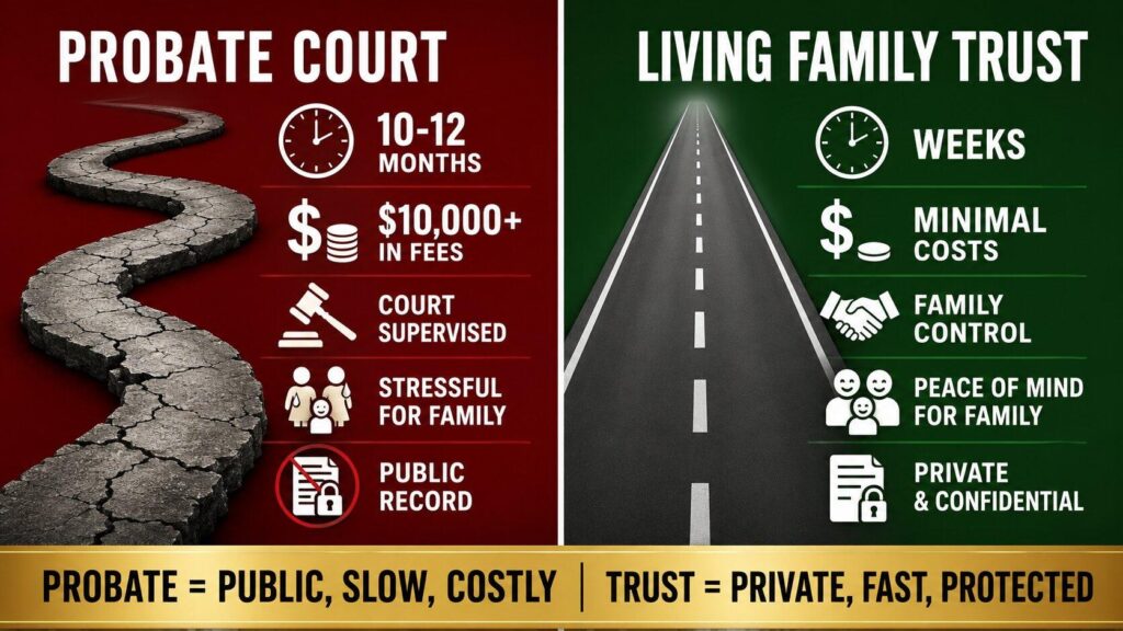 Comparison chart showing probate court versus living trust for estate planning. Comparison chart showing probate court versus living trust for estate planning.
