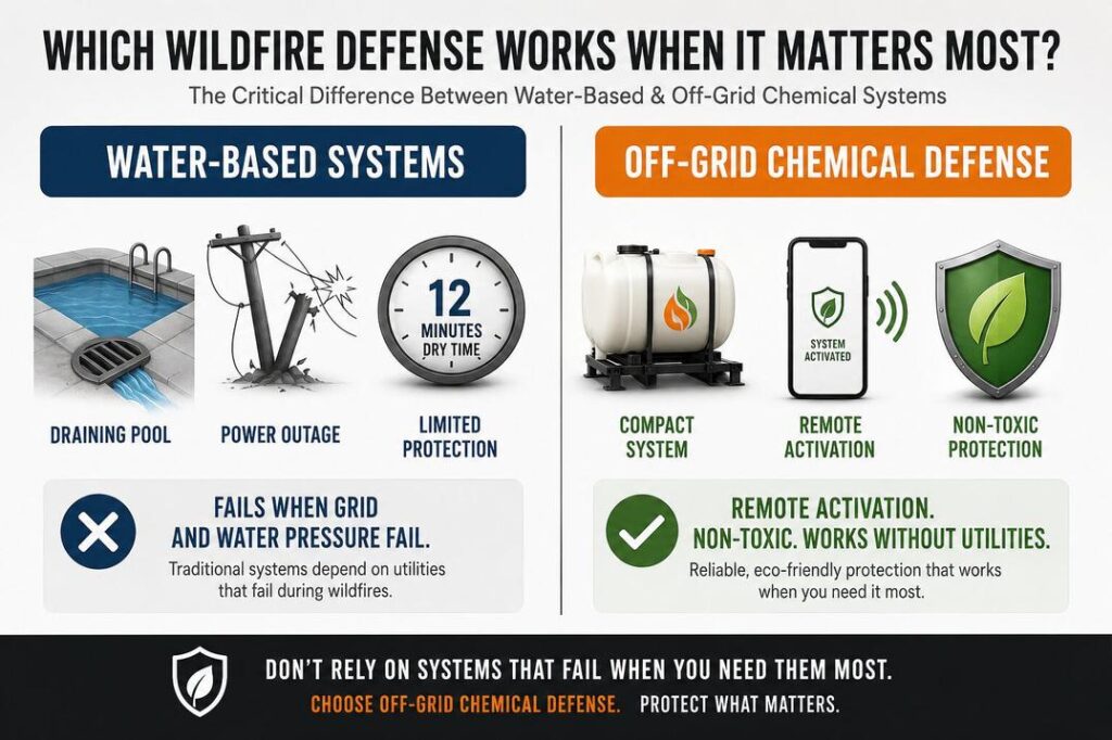 Comparison infographic showing why off grid chemical fire retardant systems outperform water based sprinklers for home wildfire protection.