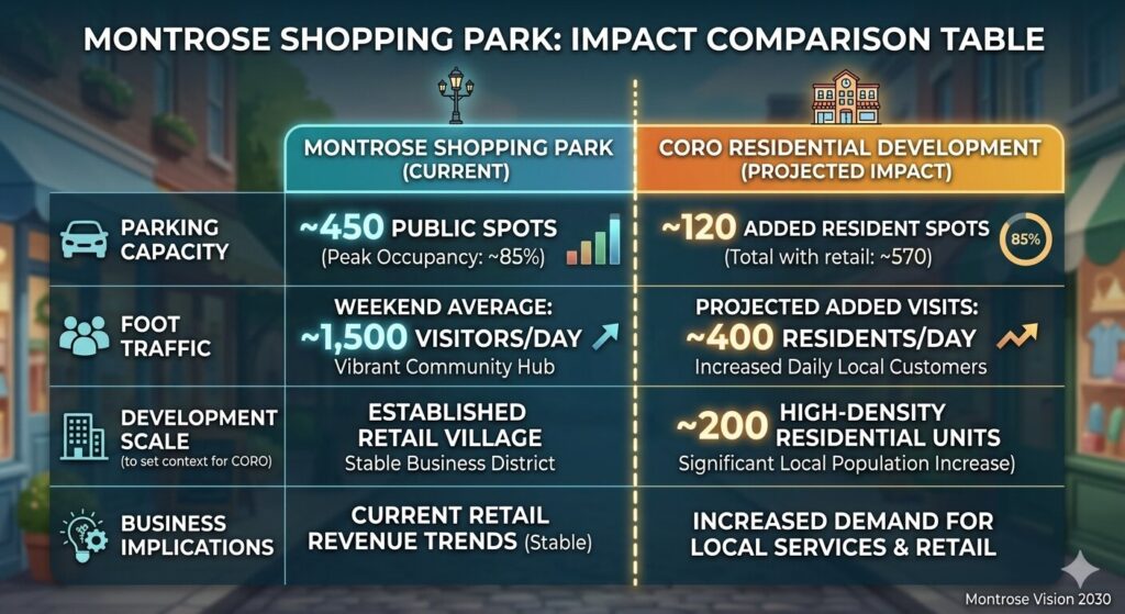 Comparison table showing current Montrose Shopping Park parking capacity and retail foot traffic versus projected impact of CORO Comparison table showing current Montrose Shopping Park parking capacity and retail foot traffic versus projected impact of CORO