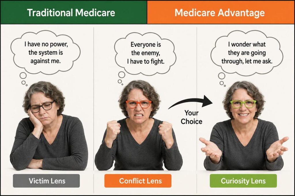 Diagram showing three primary mindset lenses victim lens in grey, conflict lens in orange, and curiosity lens in green with arrows showing choice