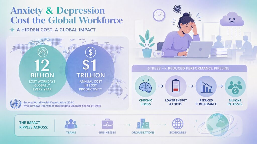 Dr. Eugene K. Choi's neuroscience leadership coaching infographic about anxiety, depression, chronic stress, and their impact on workplace productivity