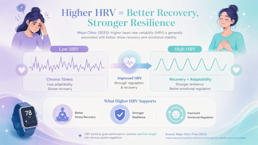 Dr. Eugene K. Choi's neuroscience leadership coaching infographic explaining heart rate variability, emotional resilience, and stress recovery benefits