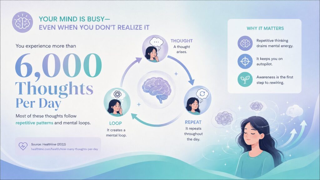 Dr. Eugene K. Choi's neuroscience leadership coaching infographic explaining repetitive thought loops, mental patterns, and awareness in the brain