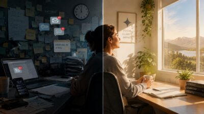 Dr. Eugene K. Choi's neuroscience leadership coaching visual showing the contrast between survival mode and executive thinking through two different work environments