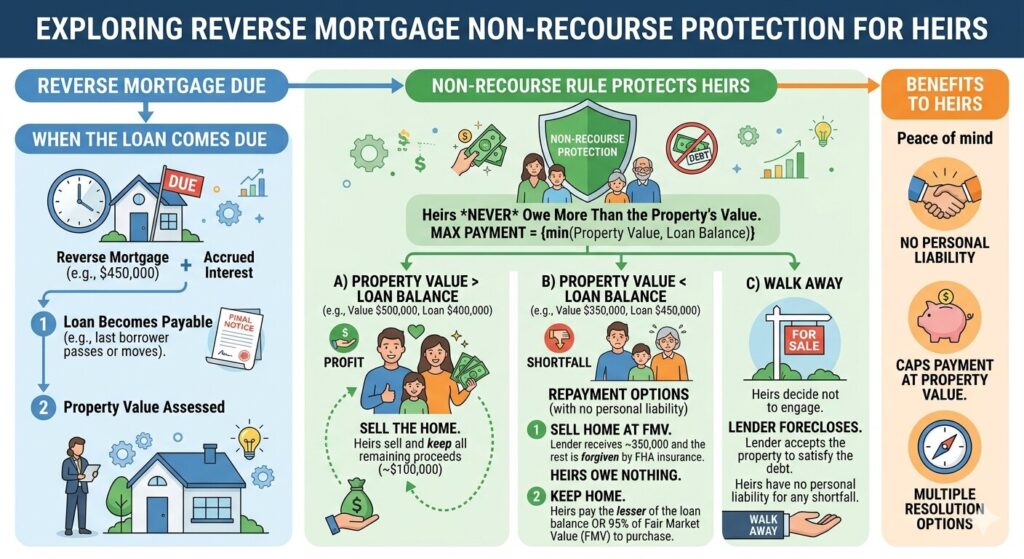 Explainer graphic showing how non recourse protection works for heirs when a reverse mortgage comes due