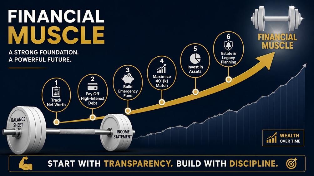 Financial muscle growth curve infographic showing wealth building steps from balance sheet to estate planning. Financial muscle growth curve infographic showing wealth building steps from balance sheet to estate planning.