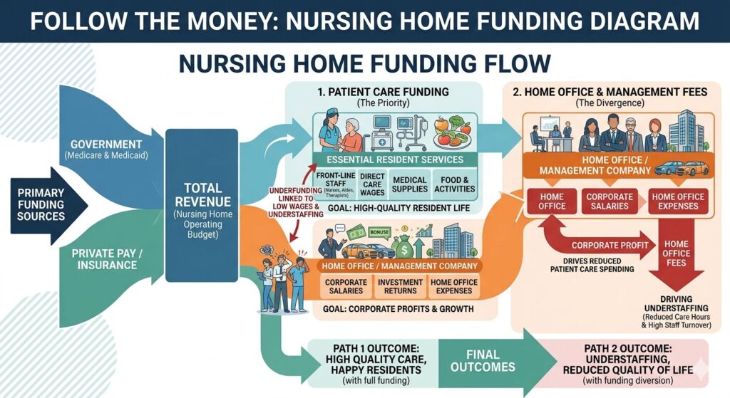 Flow diagram showing how nursing home funding is split between patient care and home office fees that drive understaffing