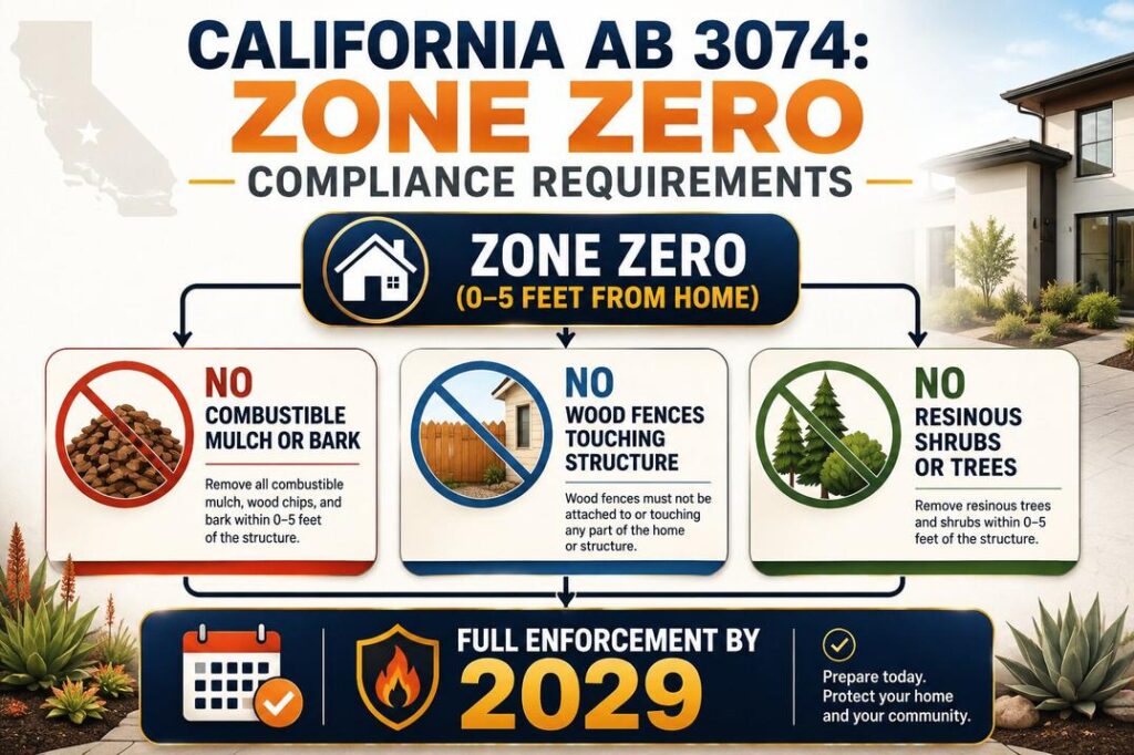 Flowchart of California AB 3074 Zone Zero wildfire rules—mulch bans, fence rules, 2029 deadline.