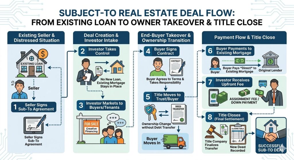 Framework diagram showing how a subject to deal flows from existing loan to buyer takeover to title close