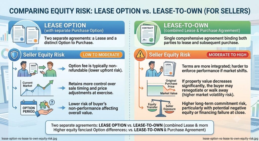 Infographic comparing lease option and lease to own structures and their equity risk for sellers