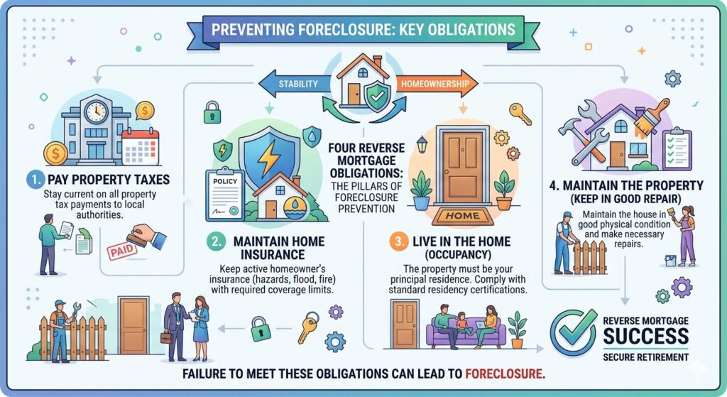 Infographic listing the four reverse mortgage obligations that prevent foreclosure