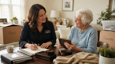 Lucy De Teresa of The Kind Organizer helping an older woman review keepsakes during a senior move consultation at home.