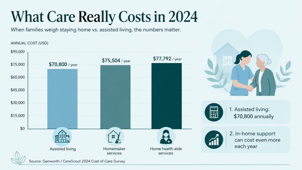 Lucy De Teresa of The Kind Organizer infographic comparing 2024 senior care costs for assisted living, homemaker services, and home health aide services. Lucy De Teresa of The Kind Organizer infographic comparing 2024 senior care costs for assisted living, homemaker services, and home health aide services.