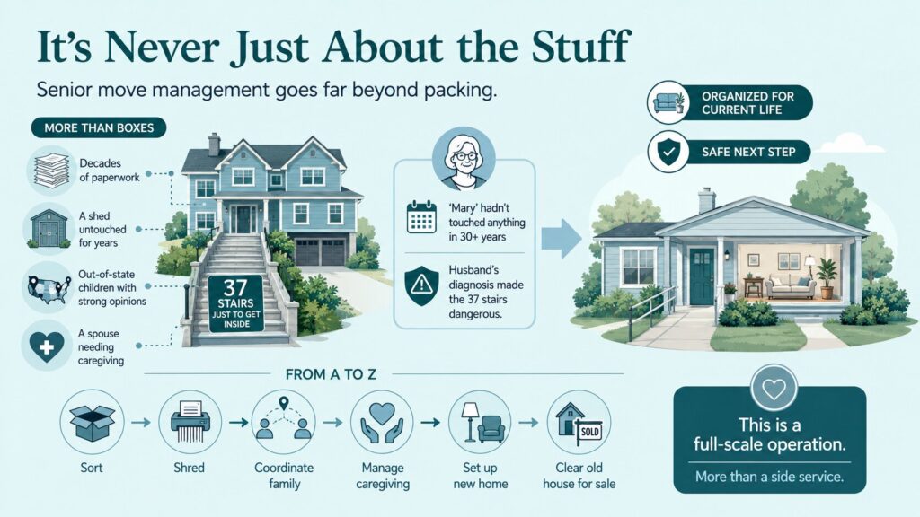 Lucy De Teresa of The Kind Organizer infographic showing how senior move management goes beyond packing, including sorting, shredding, family coordination, caregiving, and preparing a home for sale. Lucy De Teresa of The Kind Organizer infographic showing how senior move management goes beyond packing, including sorting, shredding, family coordination, caregiving, and preparing a home for sale.