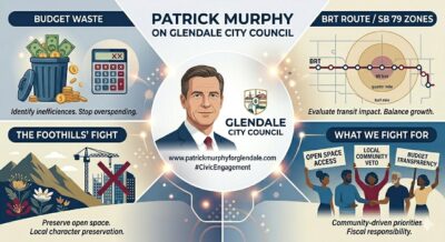 Patrick Murphy Glendale City Council platform infographic covering budget waste, BRT and SB 79 zones, foothills development, and community priorities
