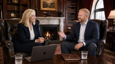 Robbyn Battles and Dimitry Farberov discussing fiduciary wealth planning.