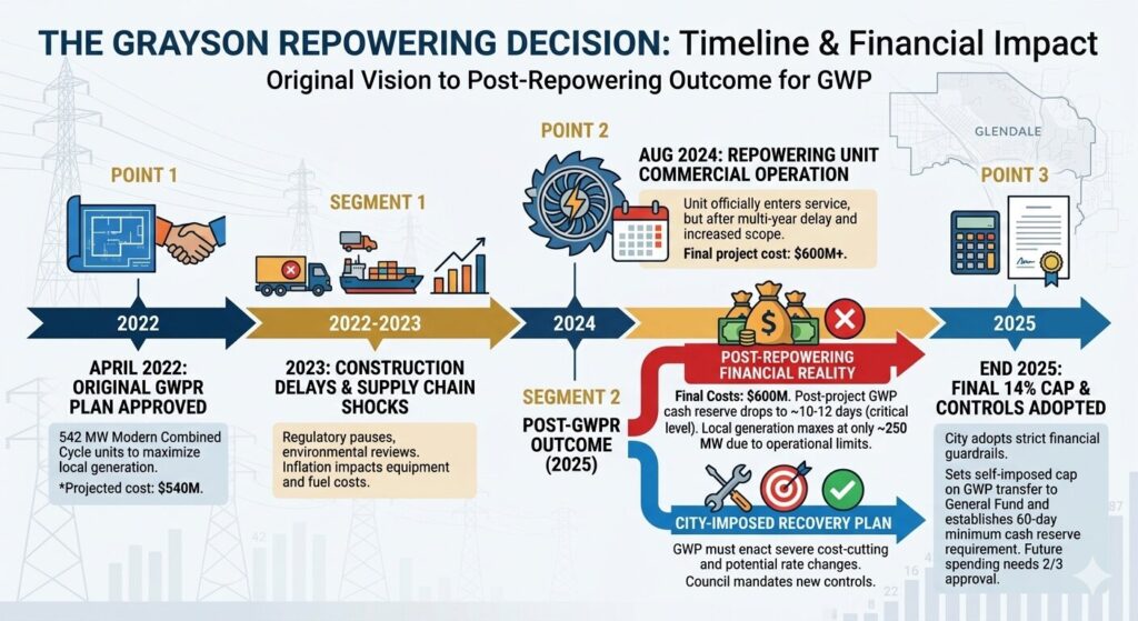 Timeline infographic showing the Glendale Grayson power plant repowering decision from the 2022 five engine plan through Timeline infographic showing the Glendale Grayson power plant repowering decision from the 2022 five engine plan through