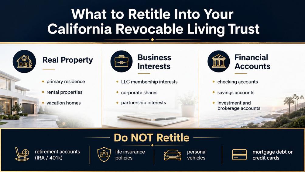 California revocable living trust asset retitling checklist covering real estate business interests and bank accounts