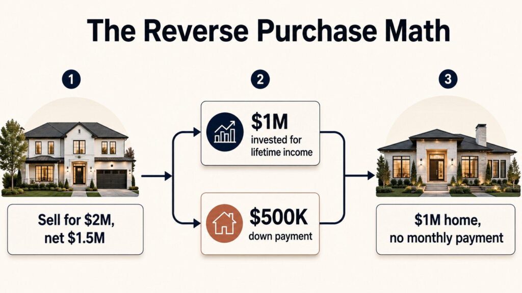 Diagram showing how a reverse mortgage for purchase funds a home with no monthly payment Diagram showing how a reverse mortgage for purchase funds a home with no monthly payment