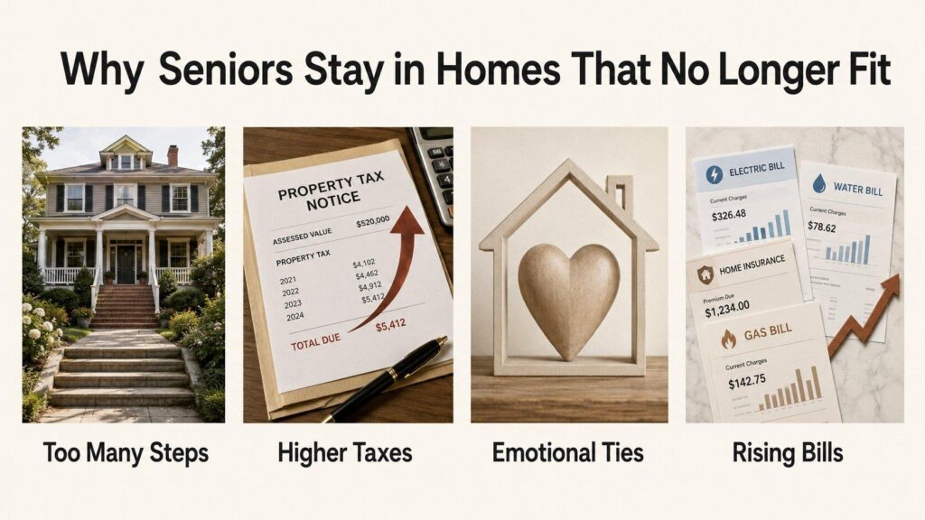 Infographic showing four barriers that keep California seniors from downsizing Infographic showing four barriers that keep California seniors from downsizing