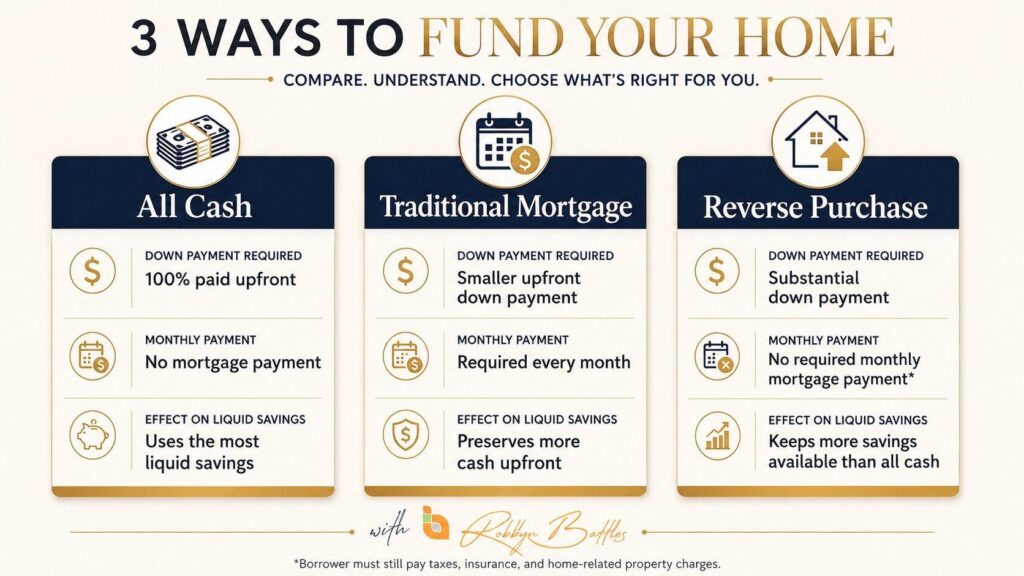Chart comparing cash purchase, traditional mortgage, and reverse purchase for retirees Chart comparing cash purchase, traditional mortgage, and reverse purchase for retirees