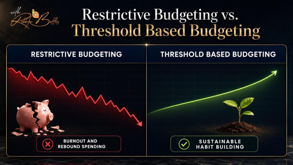 Comparison chart of restrictive budgeting versus threshold based budgeting for building sustainable saving habits