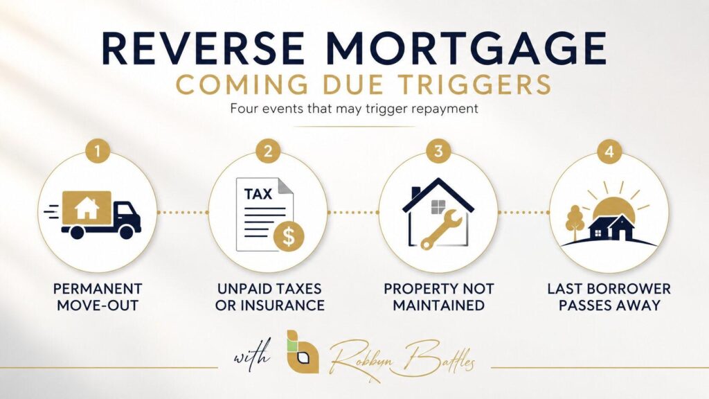Infographic showing four events that trigger a reverse mortgage coming due Infographic showing four events that trigger a reverse mortgage coming due