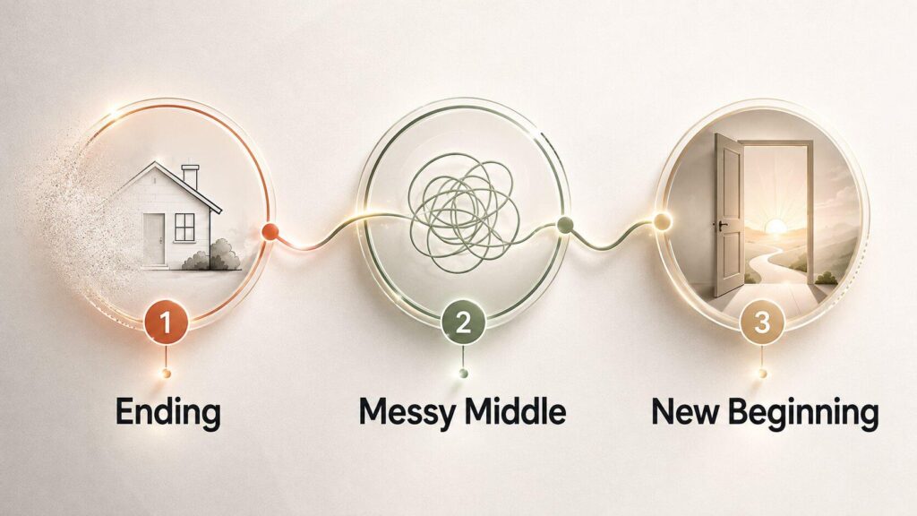 Three stage life transition framework, ending, messy middle, new beginning Three stage life transition framework, ending, messy middle, new beginning