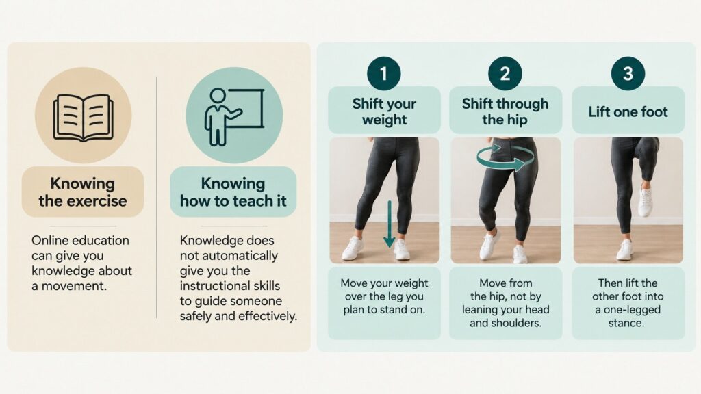 Dr. Debbie Rose Pro Balance Academy infographic explaining balance exercise instruction and weight shifting movements. Dr. Debbie Rose Pro Balance Academy infographic explaining balance exercise instruction and weight shifting movements.