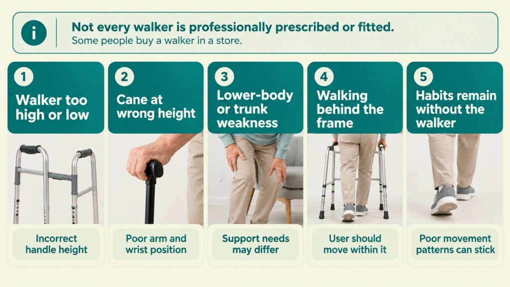 Dr. Debbie Rose Pro Balance Academy infographic showing common walker fitting and mobility issues. Dr. Debbie Rose Pro Balance Academy infographic showing common walker fitting and mobility issues.