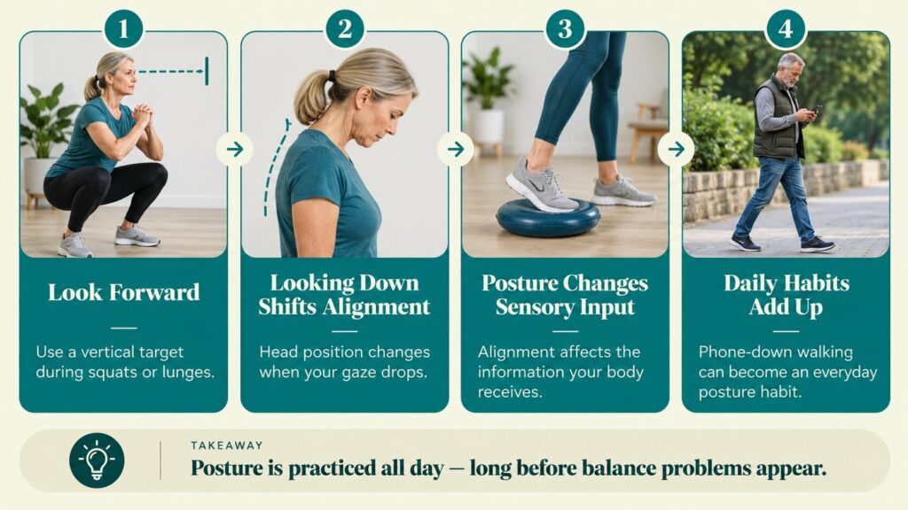 Dr. Debbie Rose Pro Balance Academy infographic showing how posture and daily habits affect balance. Dr. Debbie Rose Pro Balance Academy infographic showing how posture and daily habits affect balance.