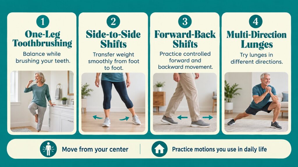 Dr. Debbie Rose Pro Balance Academy infographic showing one leg toothbrushing, side to side shifts, forward back shifts, and lunges. Dr. Debbie Rose Pro Balance Academy infographic showing one leg toothbrushing, side to side shifts, forward back shifts, and lunges.