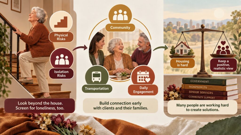 Infographic based on Joe Altepeter of EngAGE Inc.’s approach to aging in place through community, transportation, and daily engagement. Infographic based on Joe Altepeter of EngAGE Inc.’s approach to aging in place through community, transportation, and daily engagement.