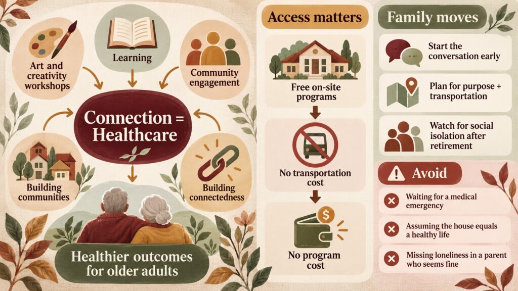 Infographic illustrating Joe Altepeter of EngAGE Inc.’s view of connection as healthcare through creativity, learning, community, and access. Infographic illustrating Joe Altepeter of EngAGE Inc.’s view of connection as healthcare through creativity, learning, community, and access.