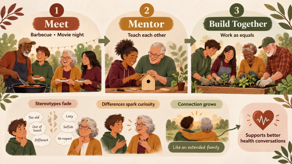Joe Altepeter of EngAGE Inc. intergenerational community model showing residents meeting, mentoring, and building together. Joe Altepeter of EngAGE Inc. intergenerational community model showing residents meeting, mentoring, and building together.