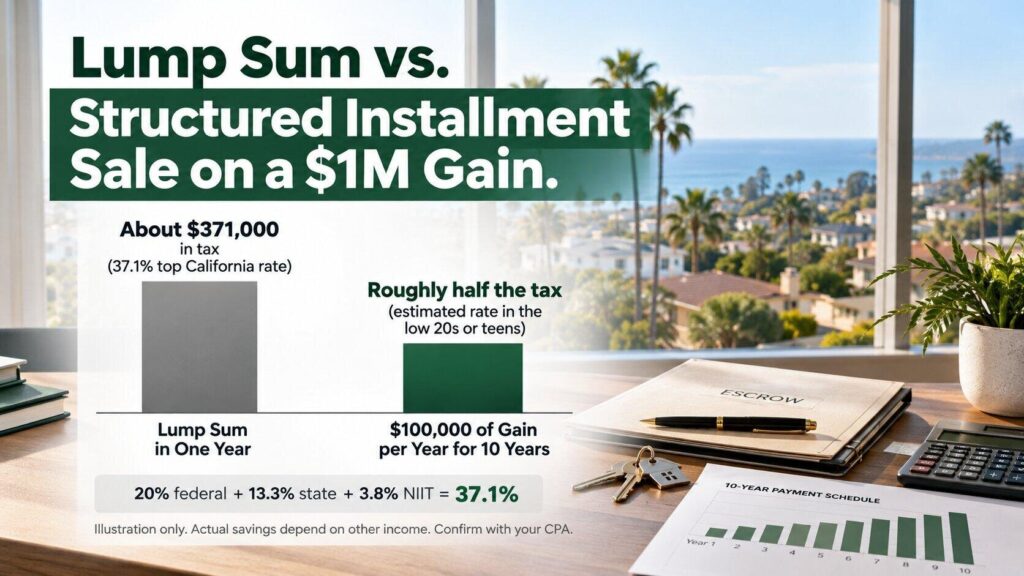 Chart comparing $371,000 lump sum tax with lower tax on a 10 year structured installment sale Chart comparing $371,000 lump sum tax with lower tax on a 10 year structured installment sale