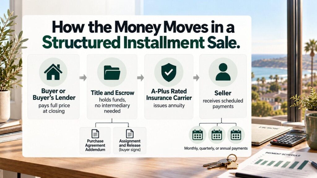 Diagram of a structured installment sale money flow from buyer to escrow to insurance carrier to seller Diagram of a structured installment sale money flow from buyer to escrow to insurance carrier to seller