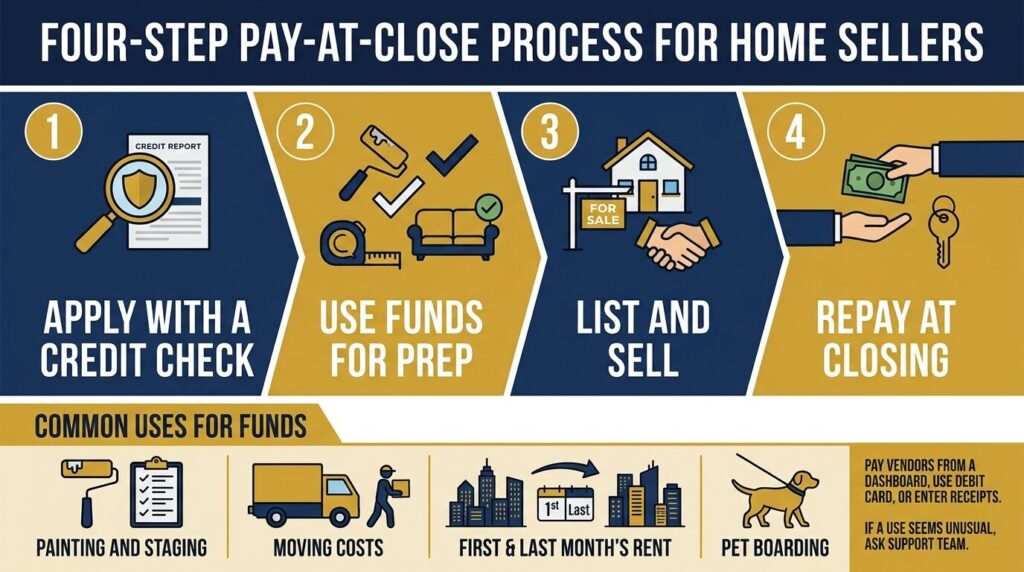 How Sellers Use the Funds Before Closing Home preparation, moving, temporary housing and other expenses sellers may finance before closing
