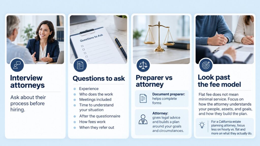 Rebecca Secord of Your Home Legal estate planning infographic explaining how to choose an estate planning attorney