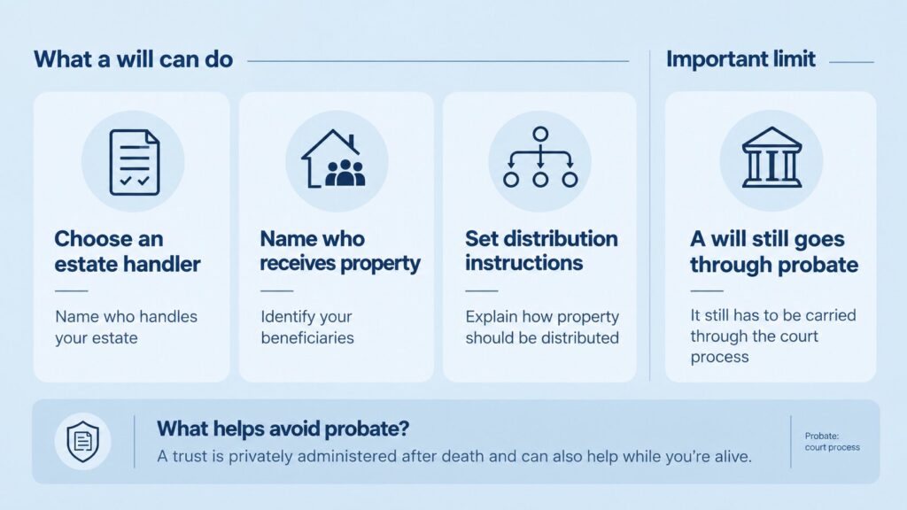 Rebecca Secord of Your Home Legal estate planning infographic explaining what a will can do and why a will still goes through probate.